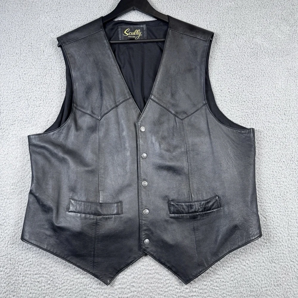 Vintage Scully Leather Vest Mens 3XL XXL Black Cowboy Ranch Rockabilly Snap